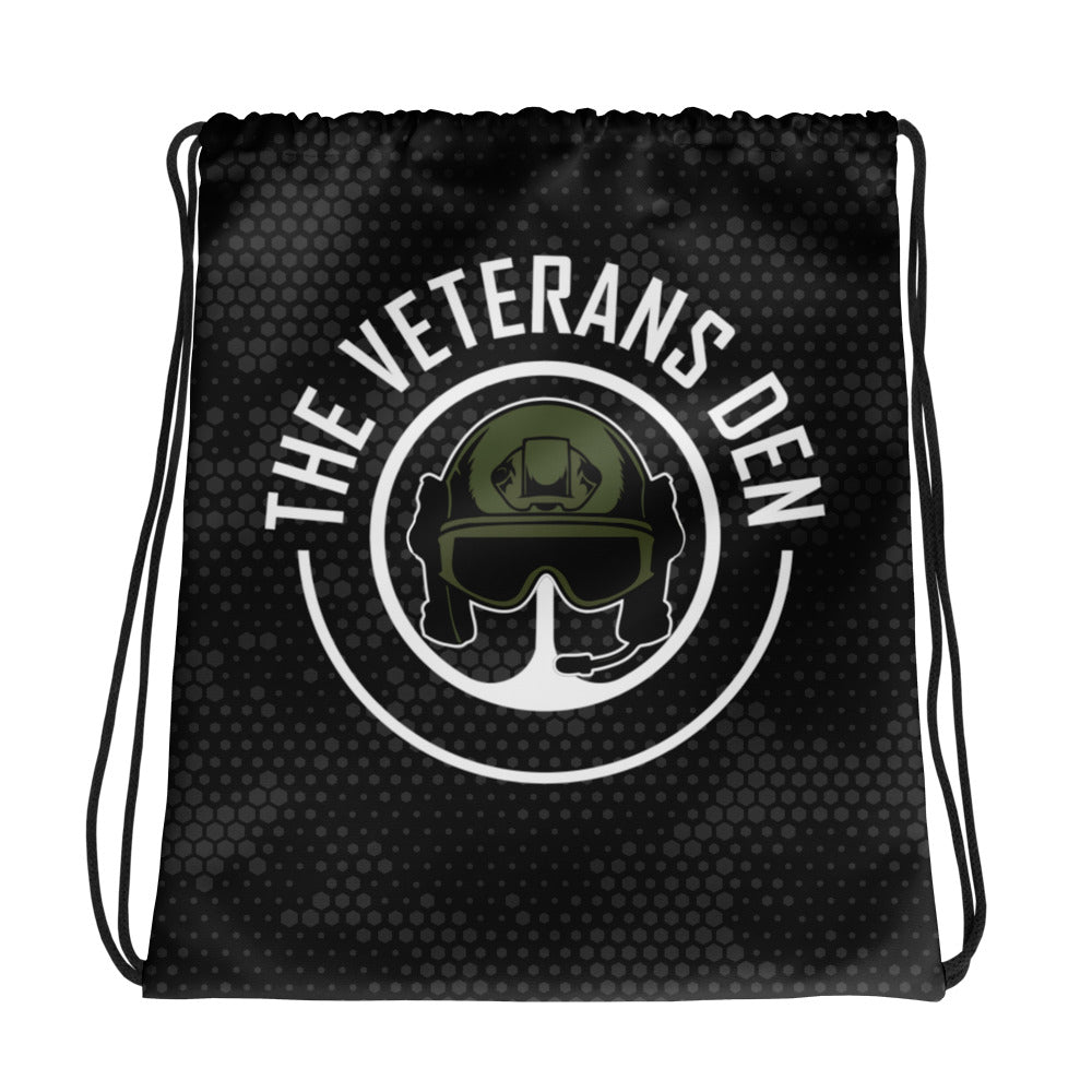 The Veterans Den logo WHT. Drawstring bag