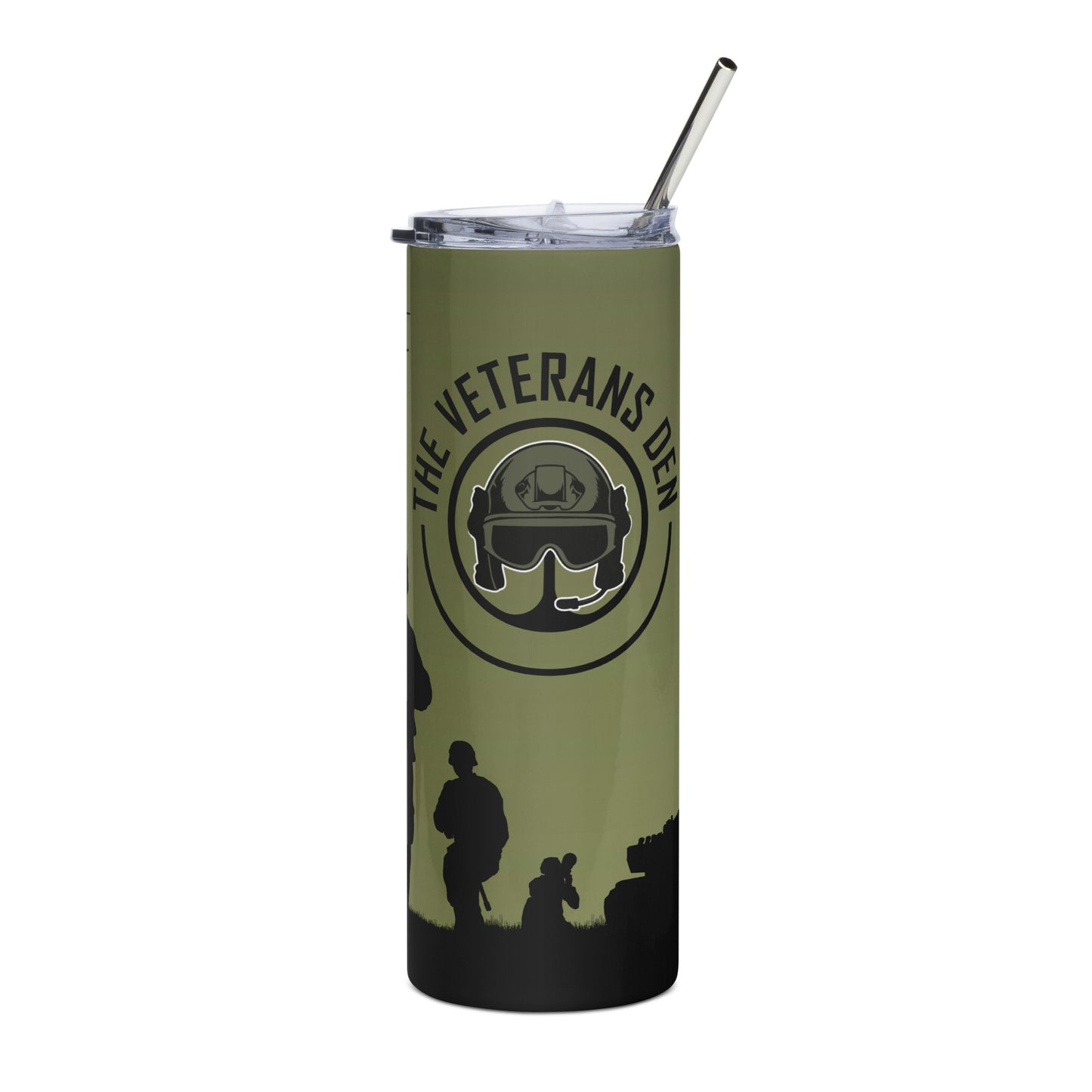 The Veterans Den logo BLK. Stainless steel tumbler