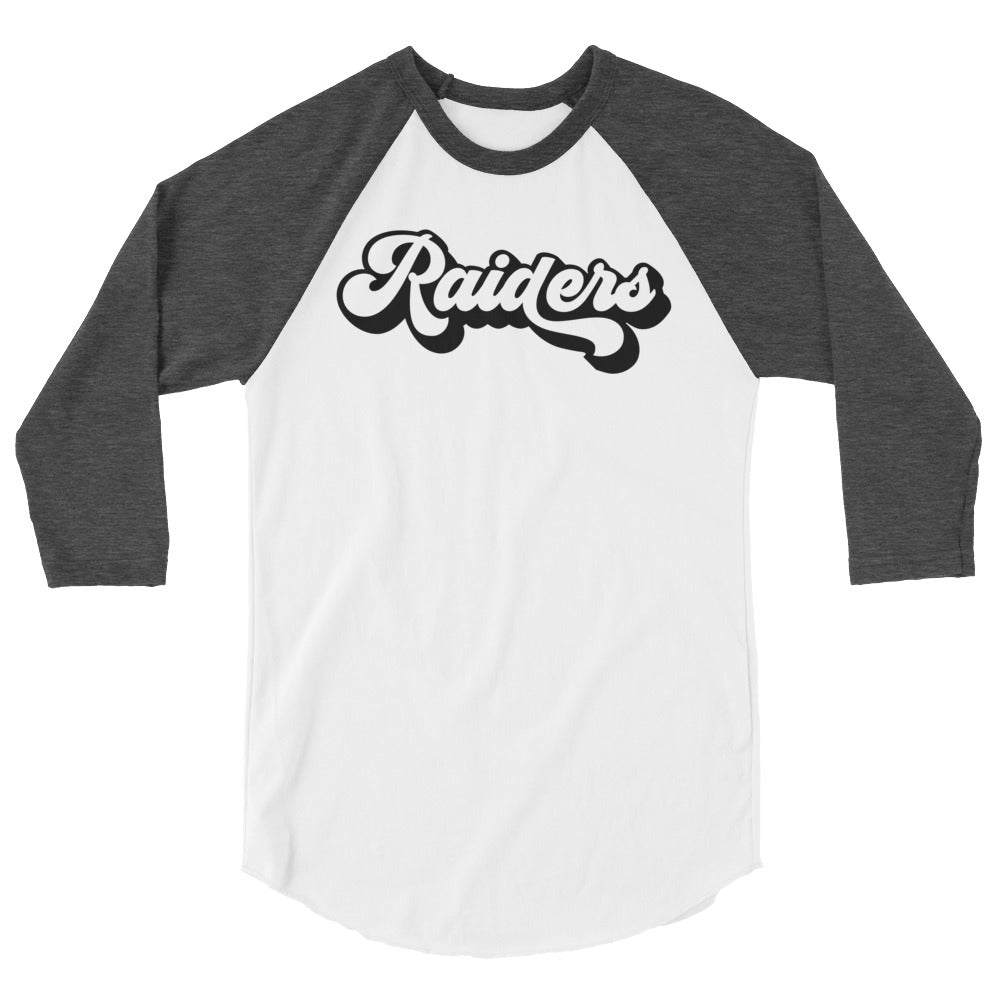 Raiders script. 3/4 sleeve raglan shirt